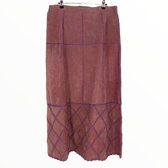 Y2K Vintage Mauve Pink Patchwork Pieced Leather Stitched Midi Skirt NWT size 12 - Picture 1 of 12